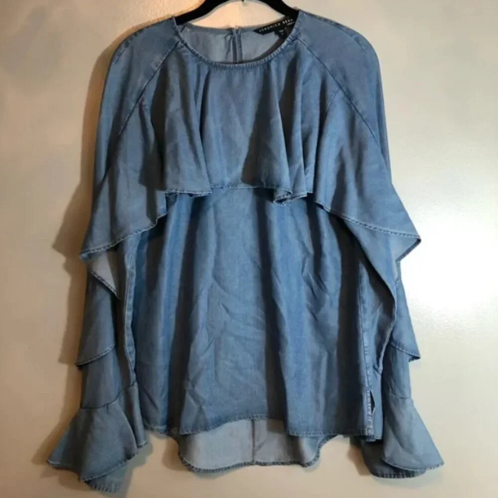 Veronica Beard Mia Ruffle Chambray Top - Picture 3 of 8